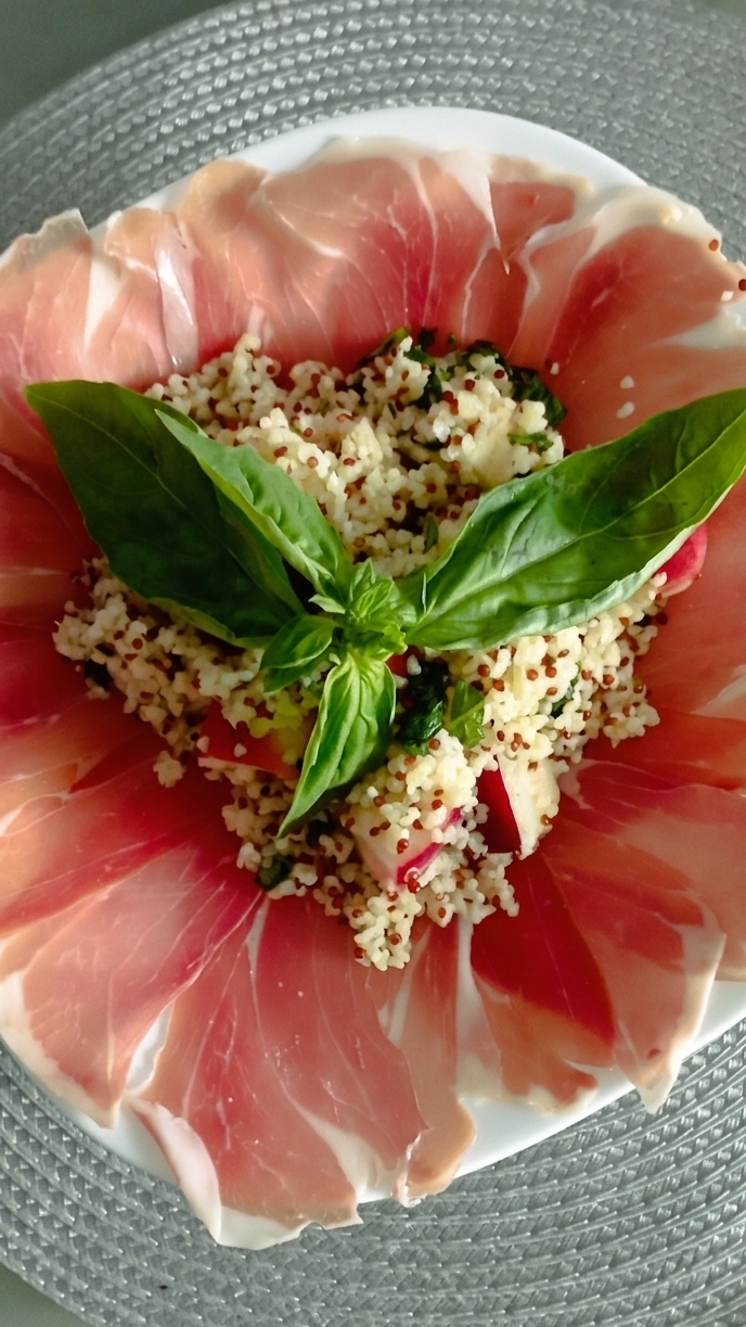 Summer Quinoa & Bulgur Salad with Basil Peaches and Prosciutto di Parma
