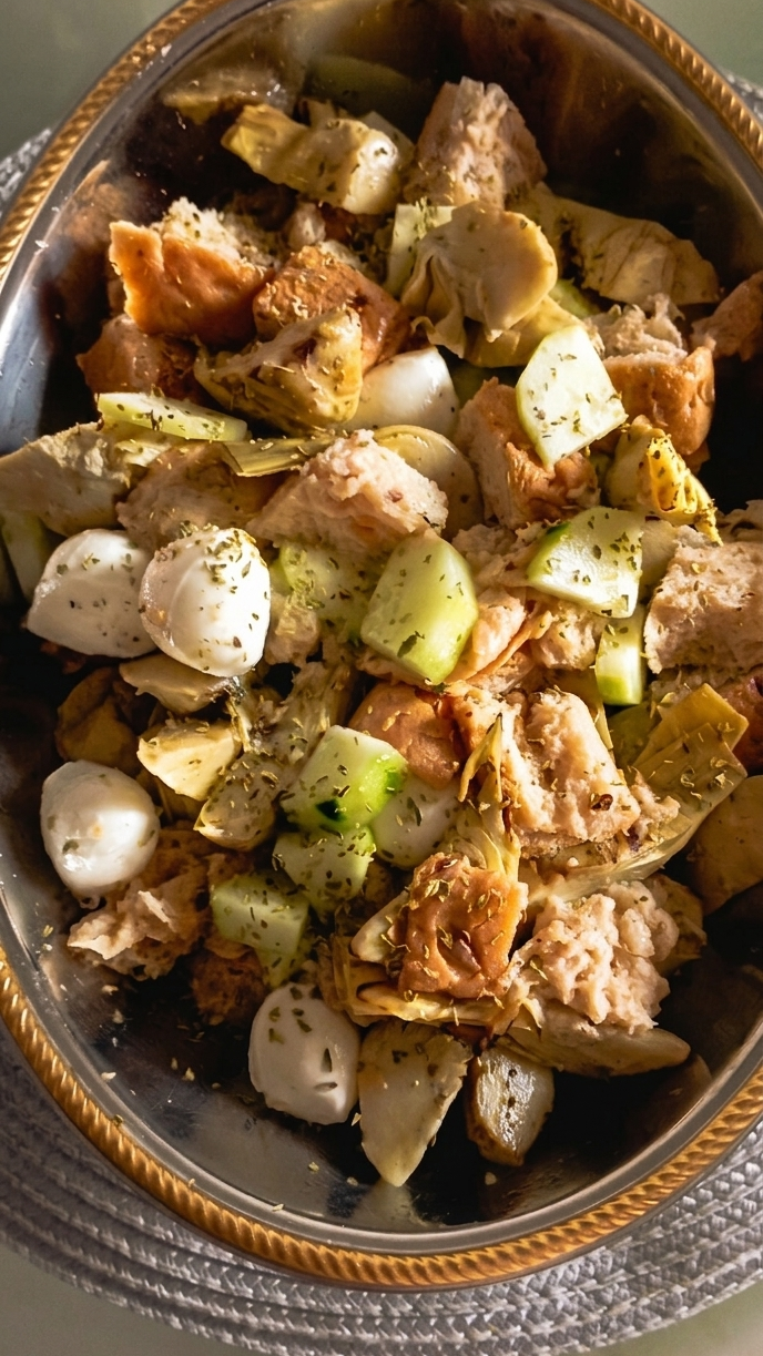 Grilled Artichoke Panzanella with Cucumber and Mozzarella Bites
