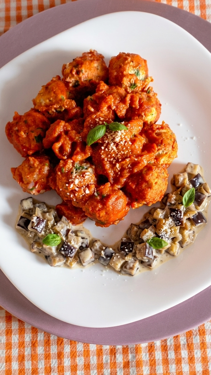 Ricotta Meatballs in Tomato Sauce with Diced Eggplant