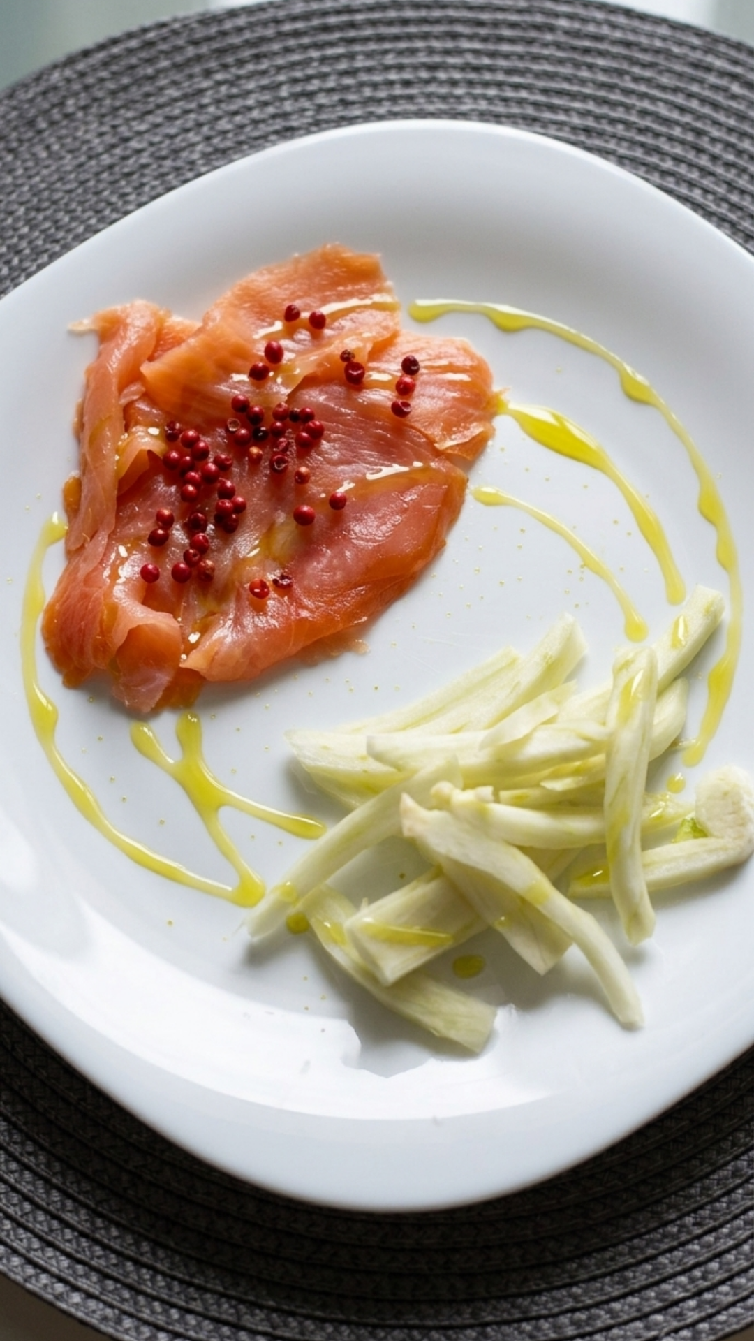 Fresh Salmon Crudo with Pink Peppercorns and Thinly Shaved Fennel