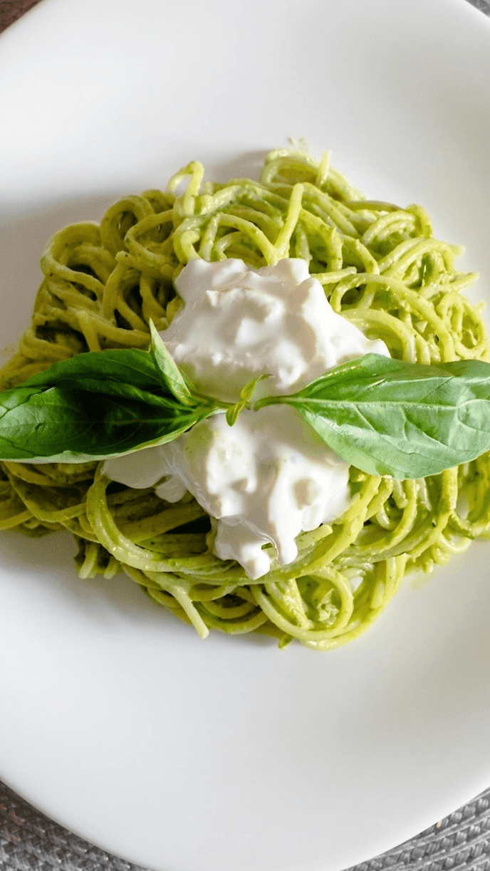 Spaghetti with Velvety Broccoli Cream, Fresh Stracciatella, and Basil
