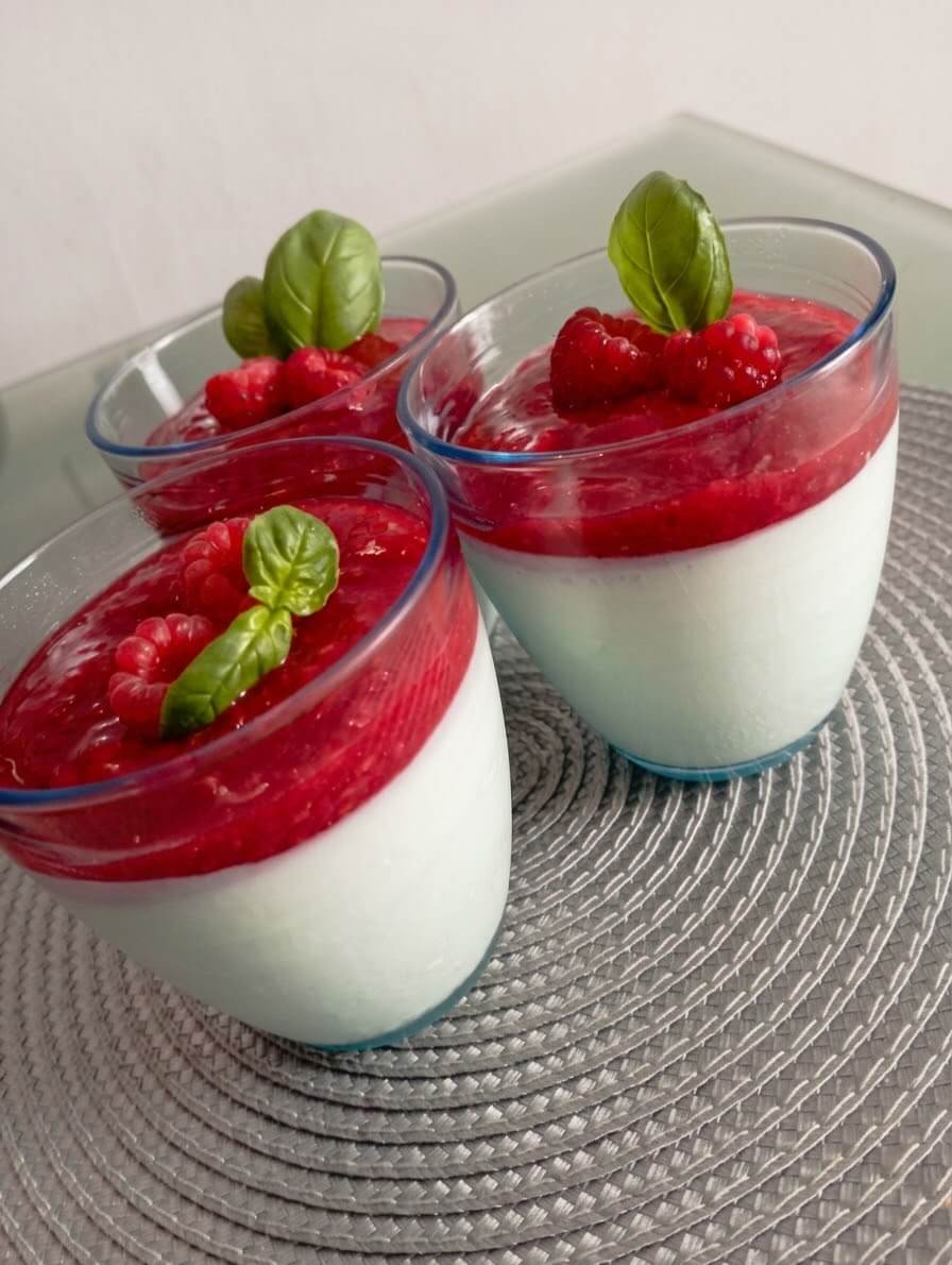 White Chocolate Mousse with Raspberry-Basil Coulis
